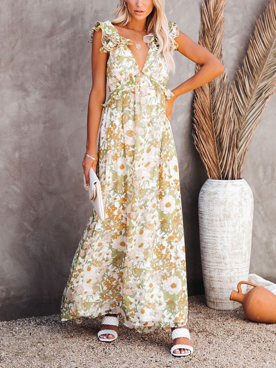 Fashion Ruffled High Waist Floral Print Maxi Dress