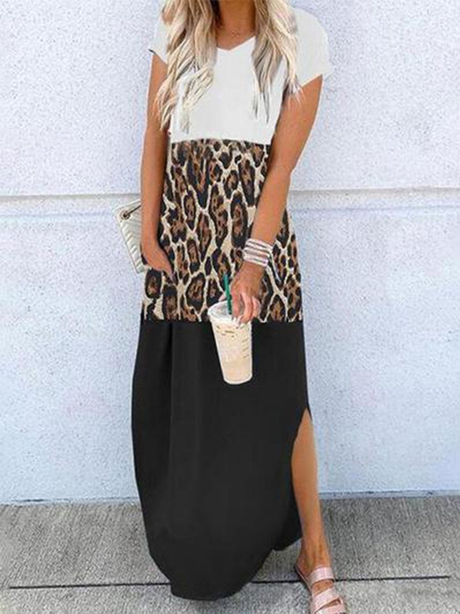 Casual Colorblock Leopard Print Maxi Dress