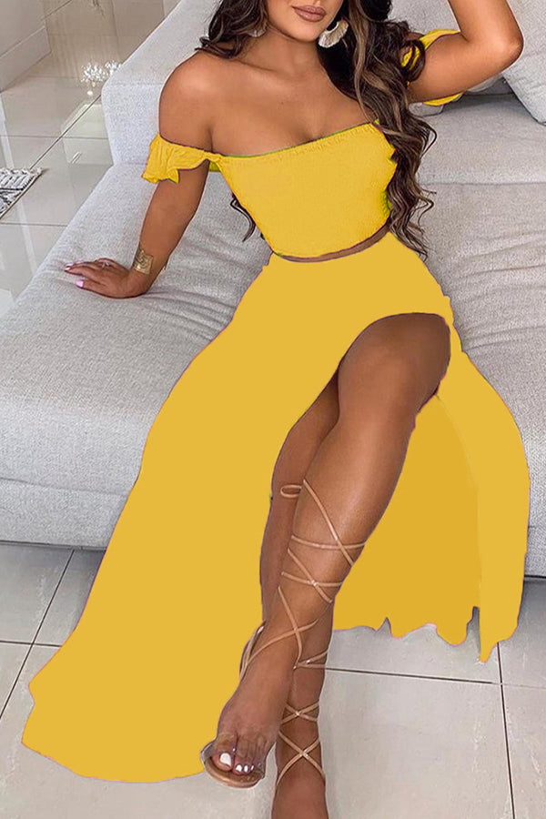 Off Shoulder Ombre Colorblock Top & High Slit Maxi Skirt Sets