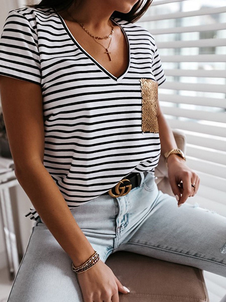 Striped Sequin Pocket V-neck Short-sleeved T-shirt