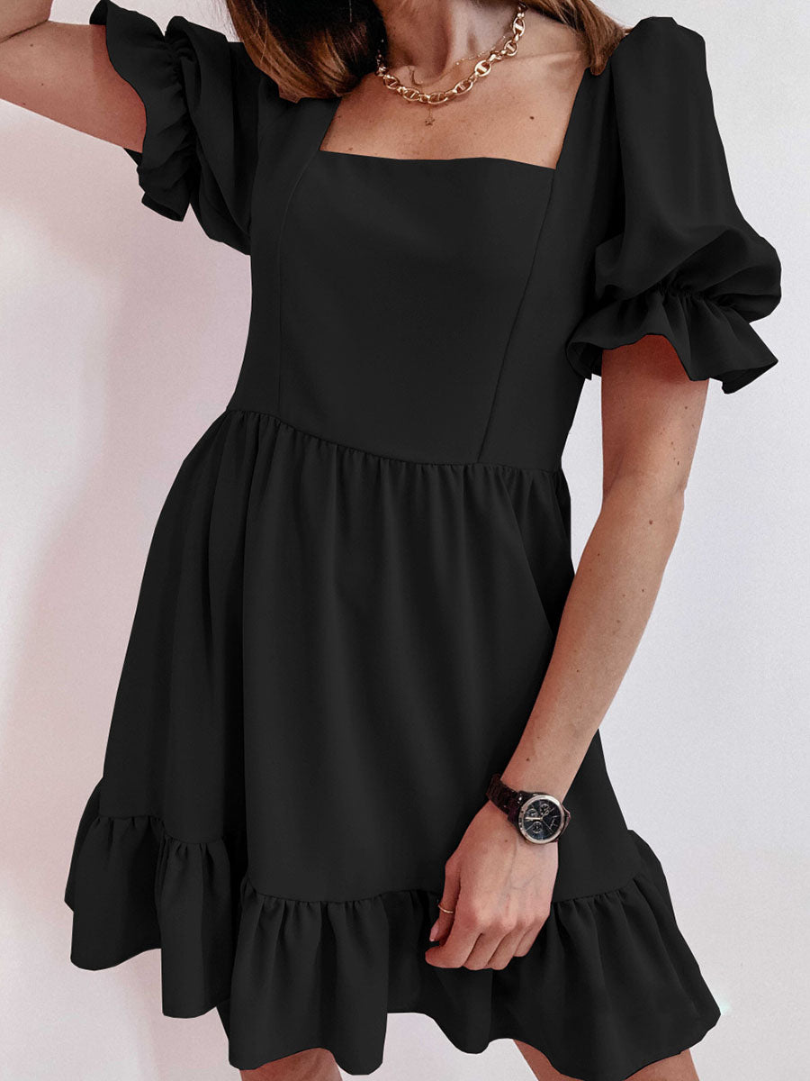 Solid Square Neck High Waist Mini Dress