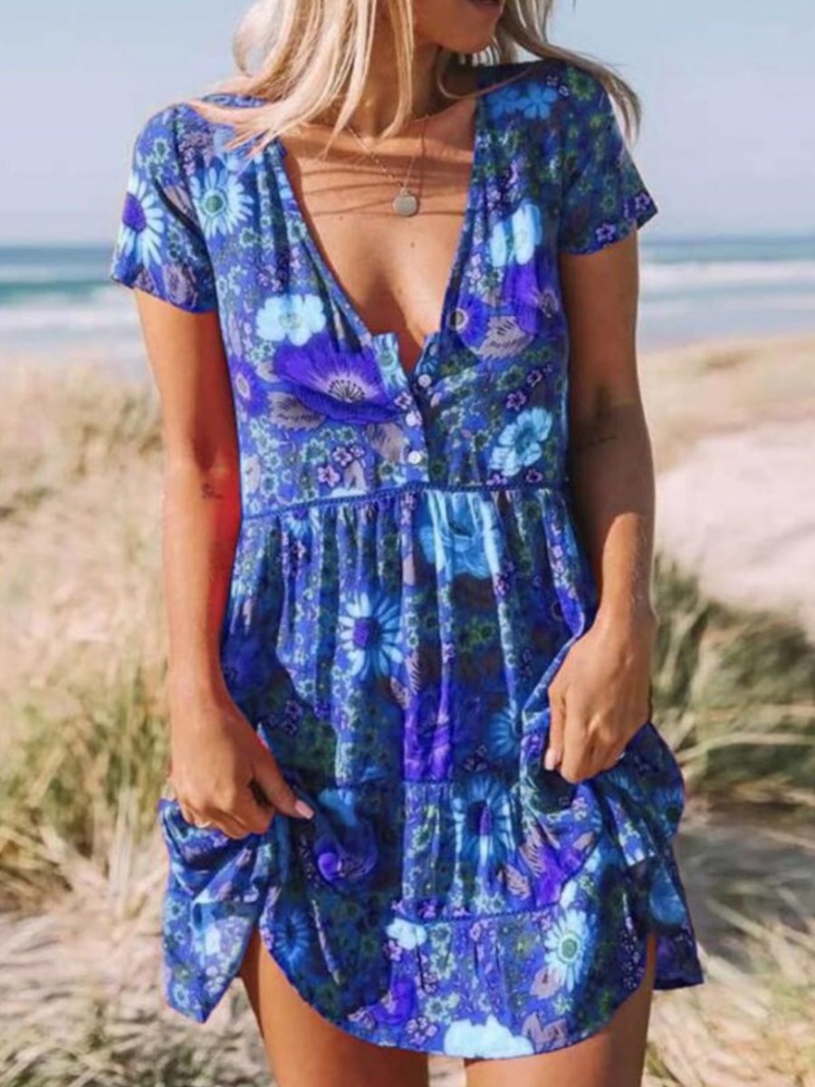 V-neck Short Sleeve Boho Print Mini Dress