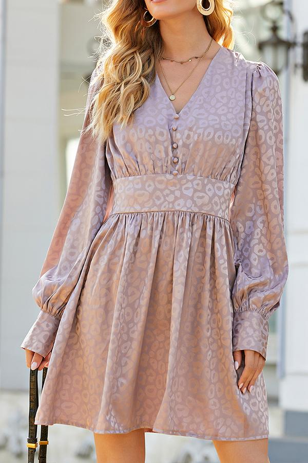 V-neck Lantern Sleeves Waist Mid-length Skirt Purple Leopard Print Gentle Wind Temperament Skirt