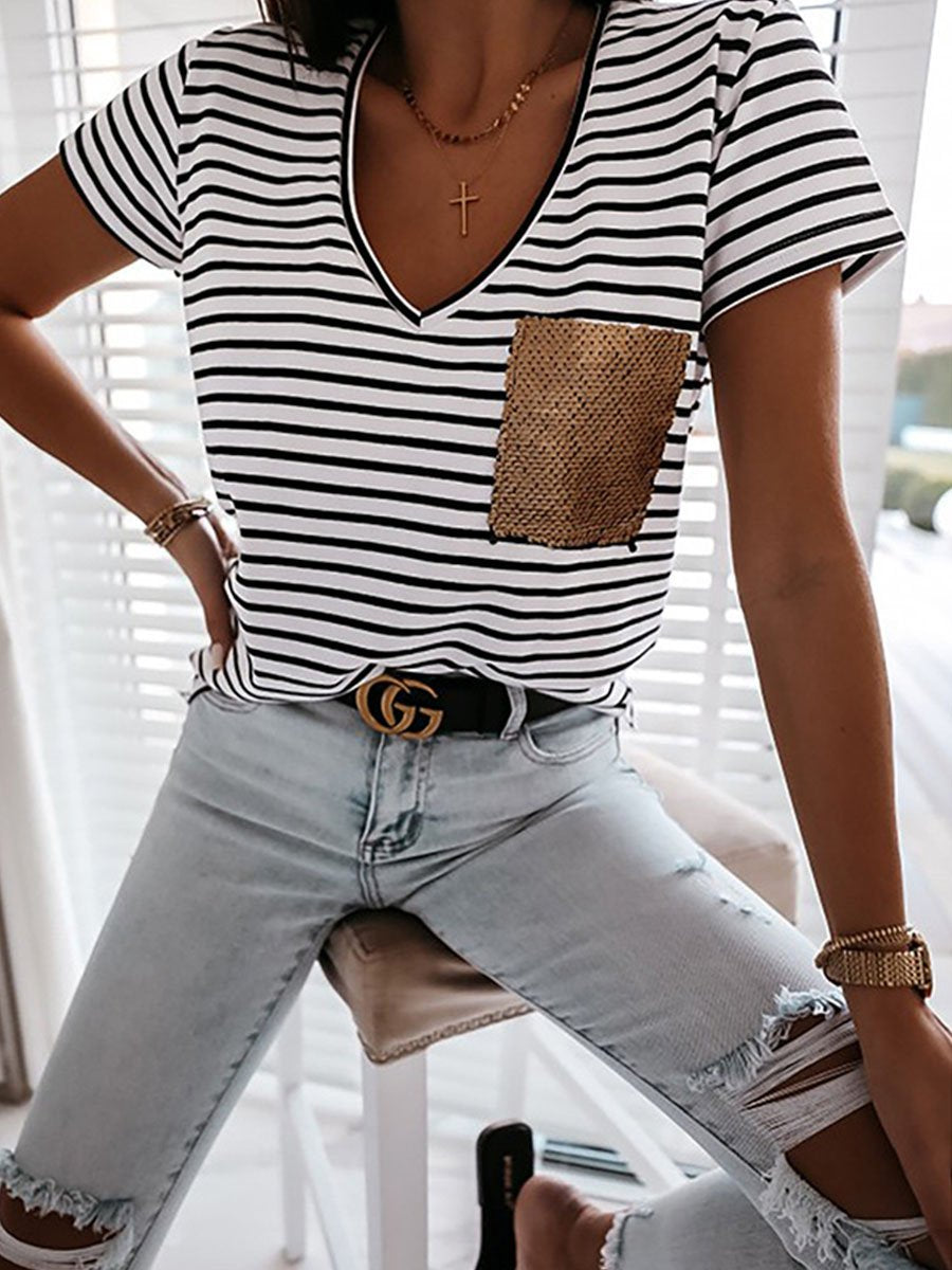 Striped Sequin Pocket V-neck Short-sleeved T-shirt
