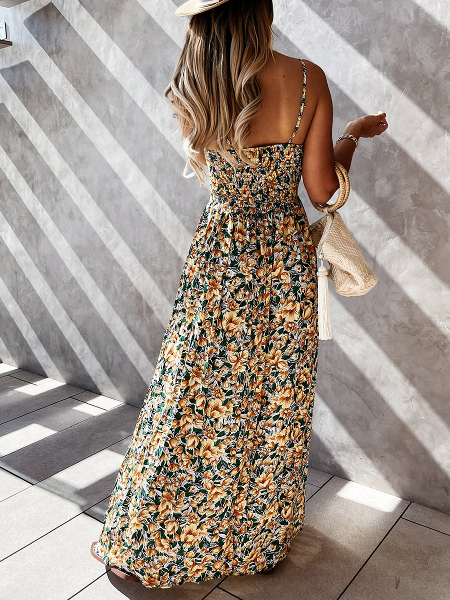 V-neck Smocked Waist Flower Print Maxi Dress