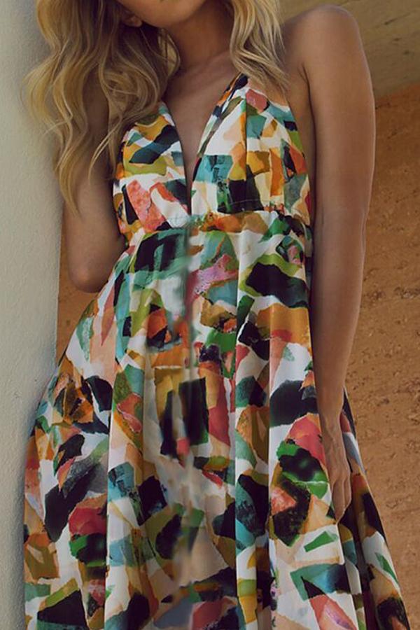 Green Floral Pattern Backless V-neck Sleeveless Fashion Maxi Dress