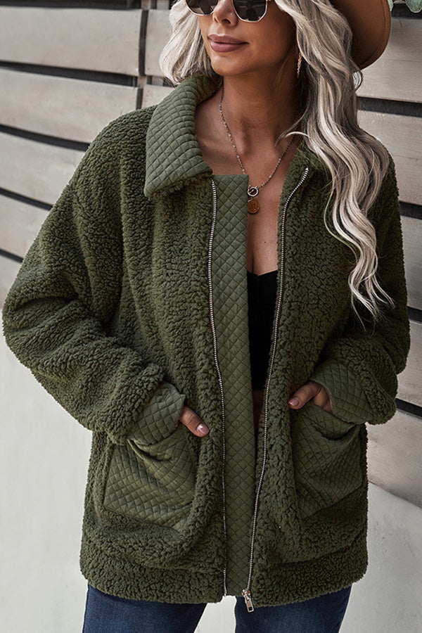 Long Sleeve Pocket Detail Zip Up Teddy Coat
