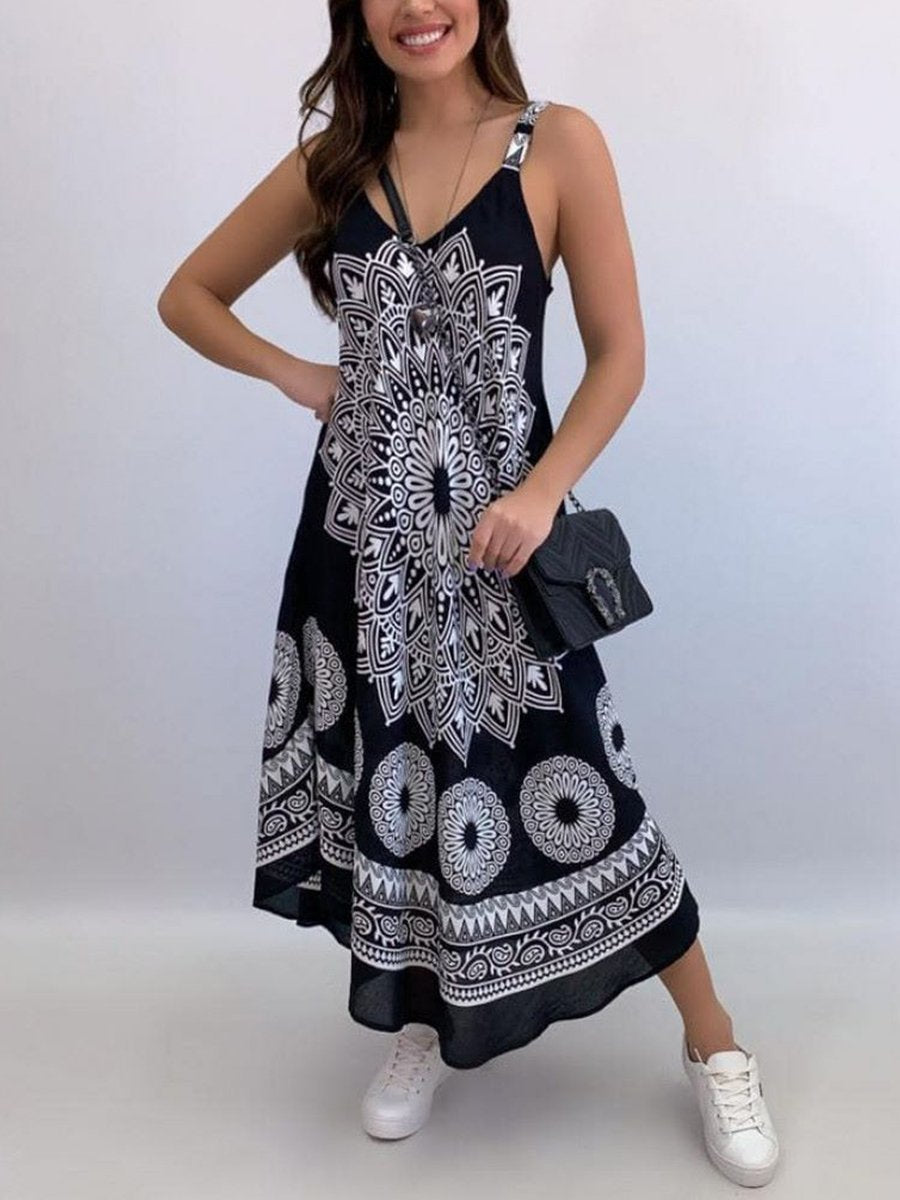 Boho Mandala Print Wide Strap Dress