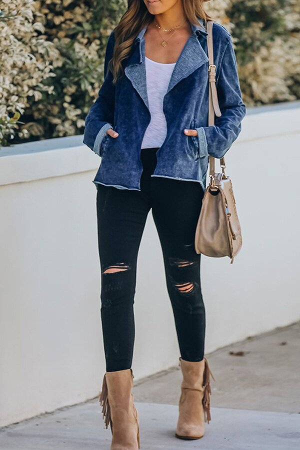 Washed Denim Wide Collar Pocket Jacket