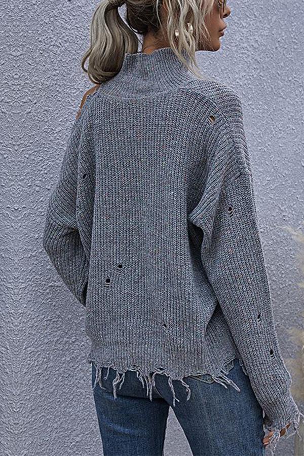 Off-shoulder Ripped Long-sleeved High-neck Knitted Sweater