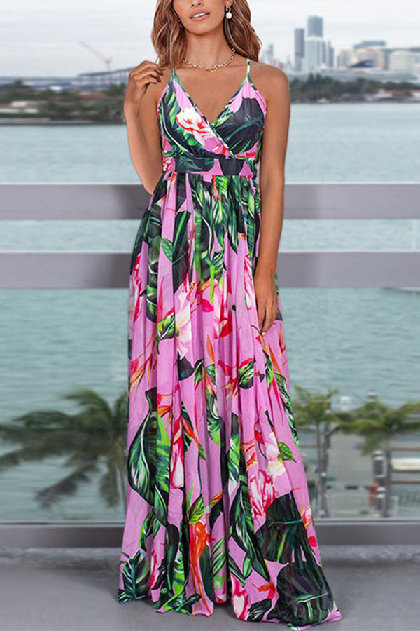 V Neck Waisted Floral Printed Maxi Cami Dress