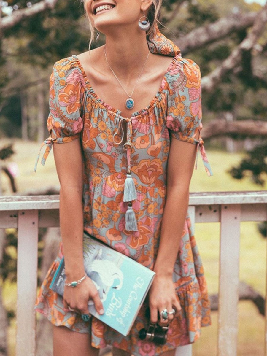 V-neck Puff Sleeve Print Mini Dress