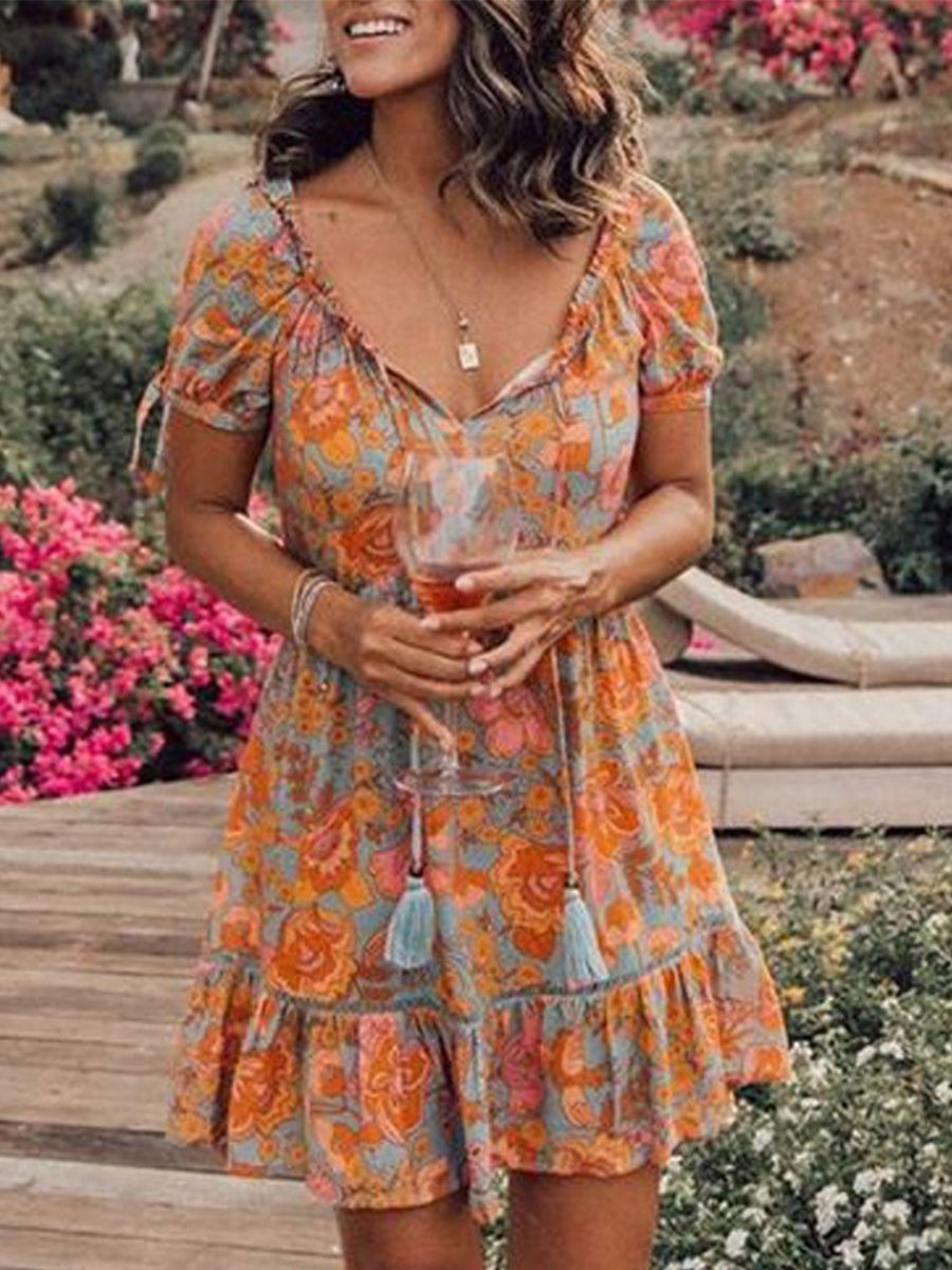 V-neck Puff Sleeve Print Mini Dress