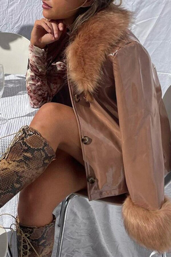 Chic Faux Fur Patchwork Bodycon Leather Coat