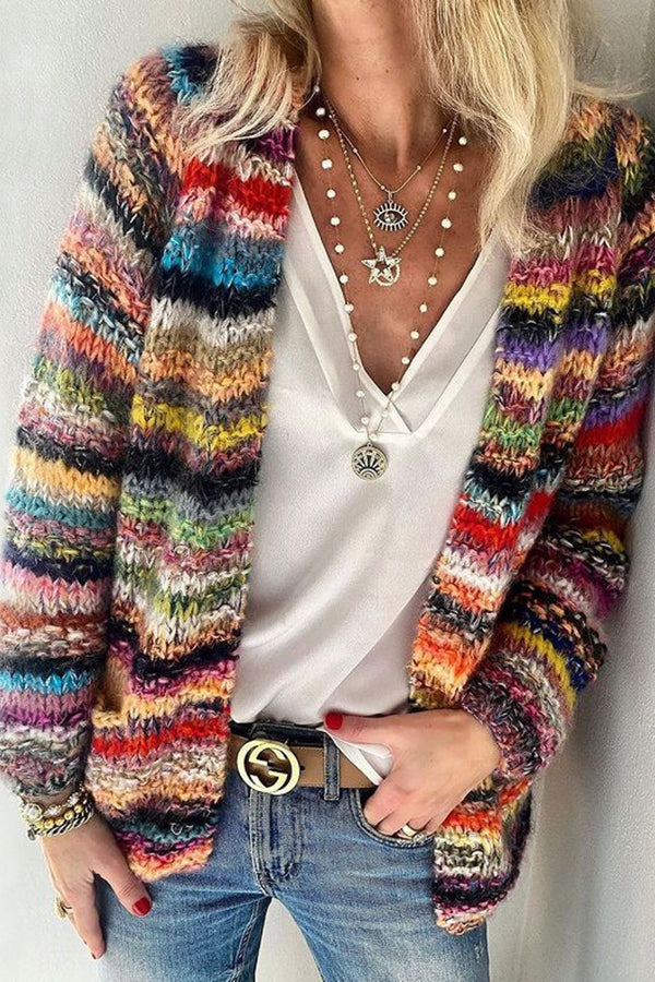 Casual Colorblock Striped Pockets Cardigan