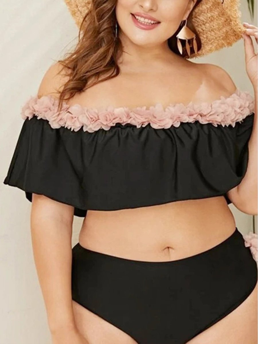 Sweet Off The Shoulder Floral Decoration Ruffle Design Black Tankini