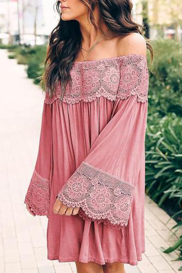 Off-Shoulder Lace Stitching Flared Sleeve Mini Dress