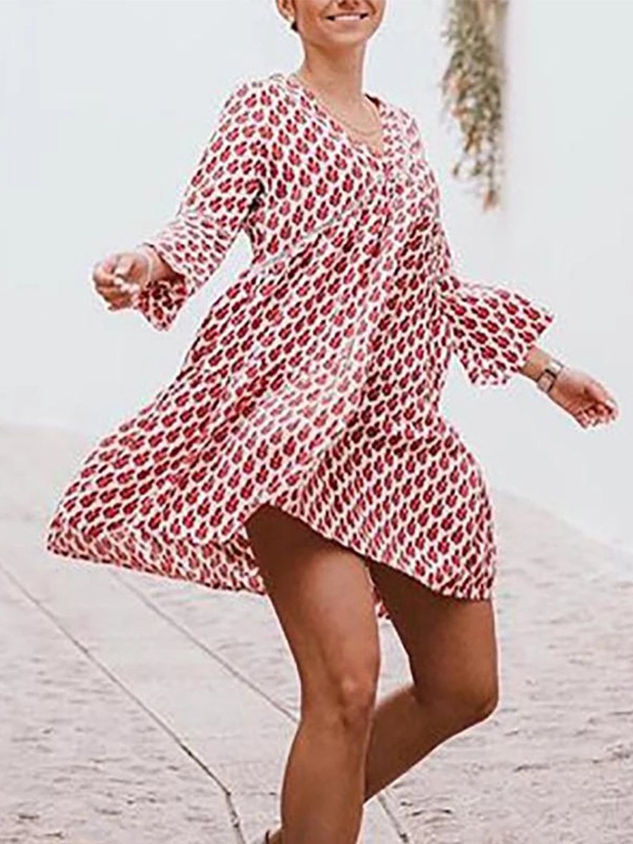 V-neck Nine Points Sleeve Leaf Print Mini Dress
