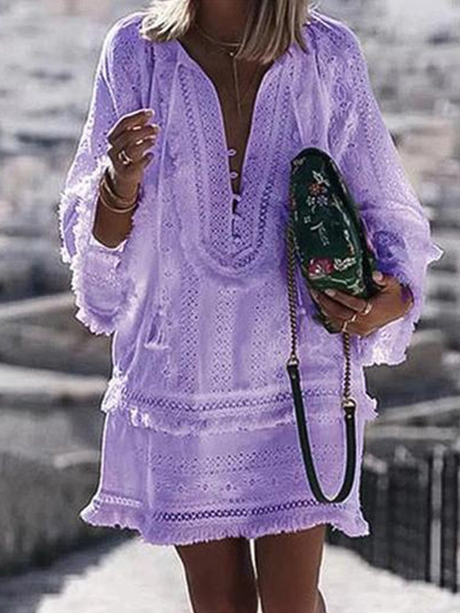 V-neck Solid Tassel Long Sleeve Lace Vacation Dress