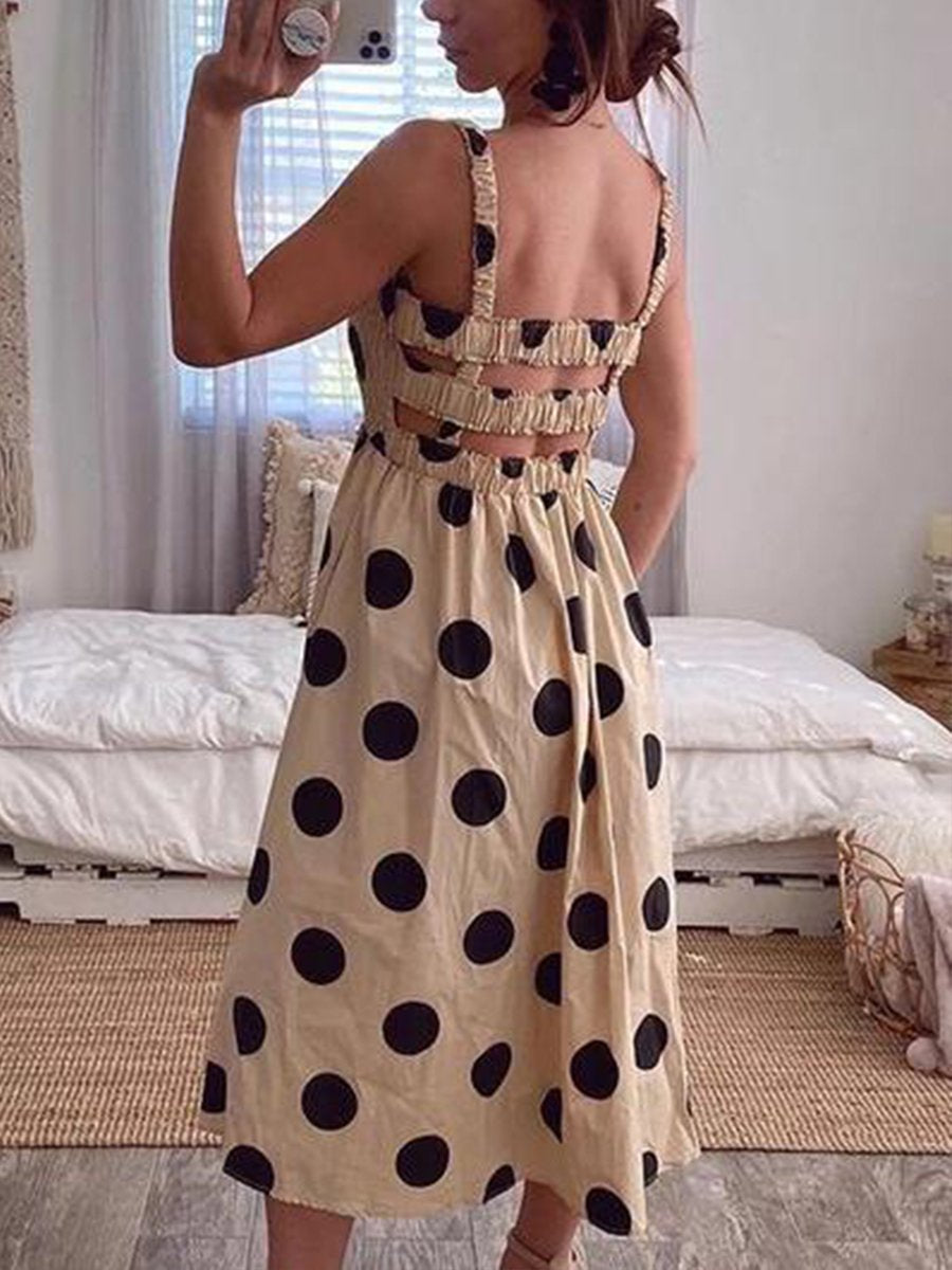 Straps Polka Dot Smocked Calf-length Dress