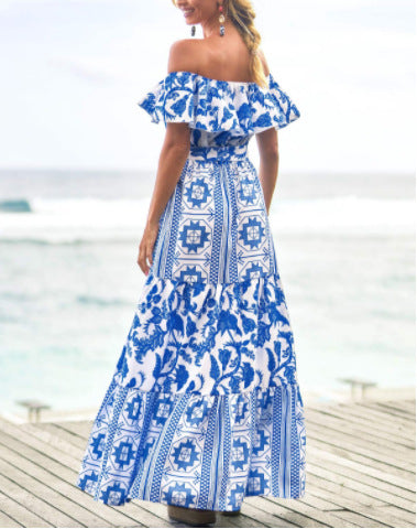 Summer Herringbone Neck High Waist Print Dress