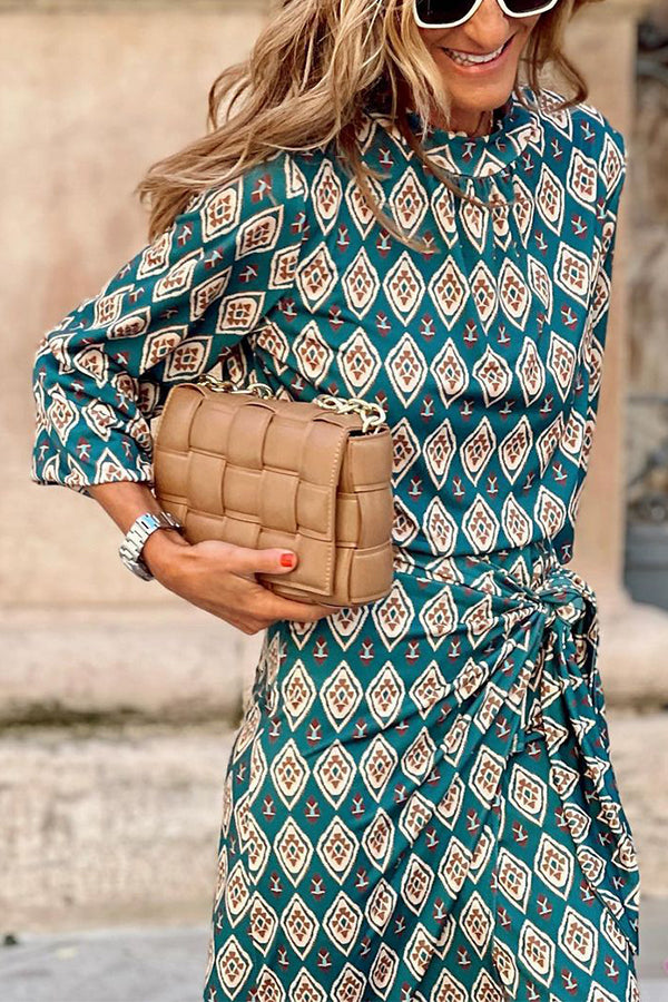 Printed Round Neck Long Sleeve Skirt Suit