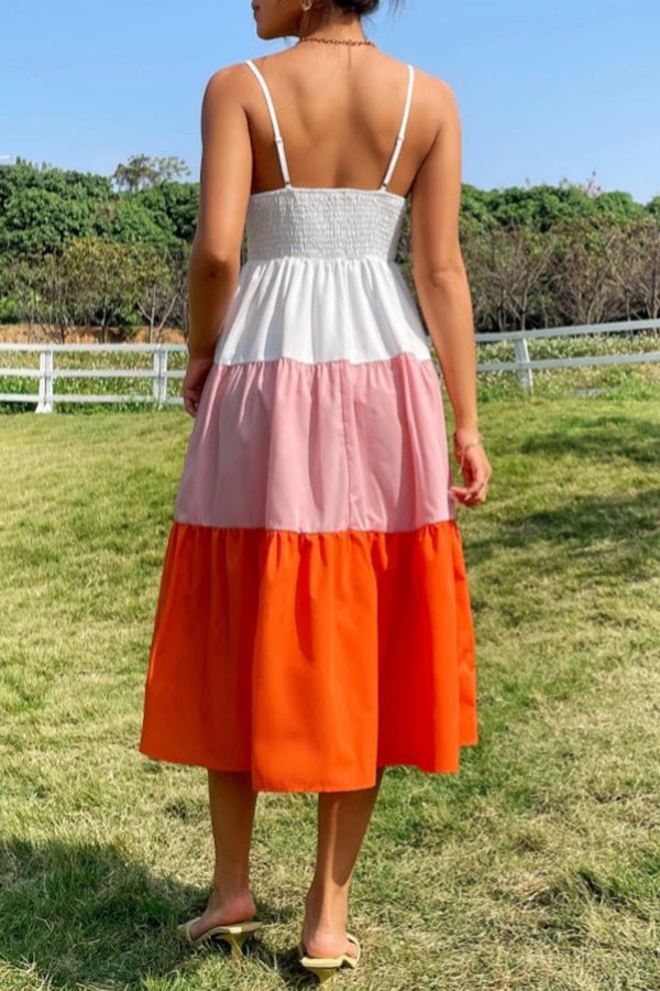 Bow Tie Backless Contrast Panel Midi Dress