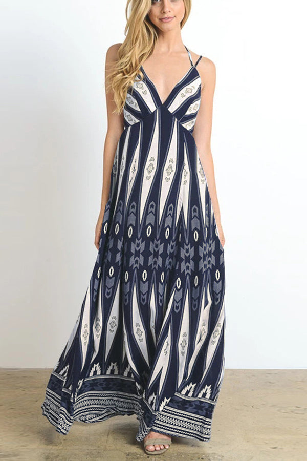 Vintage Print backless long dress