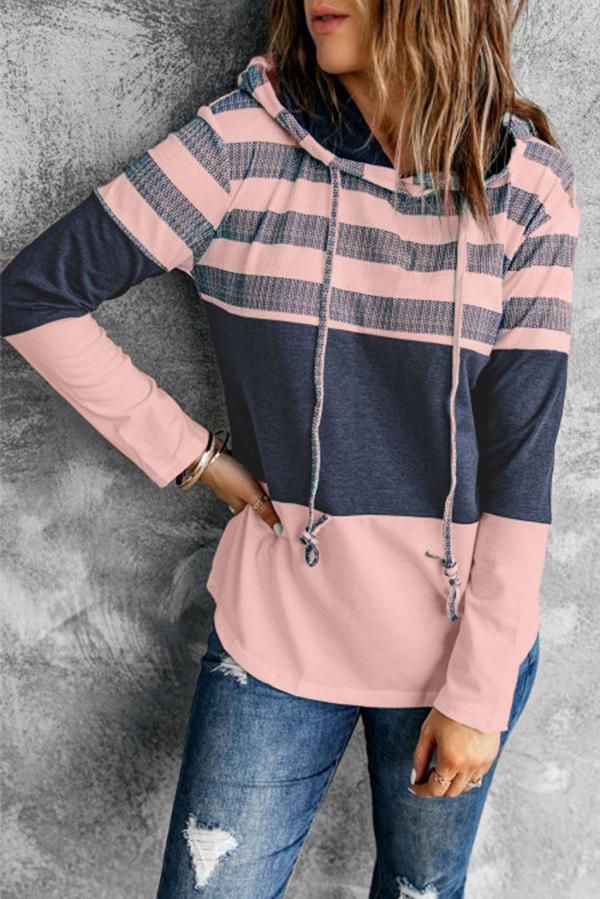 Color Block Striped Drawstring Hoodie
