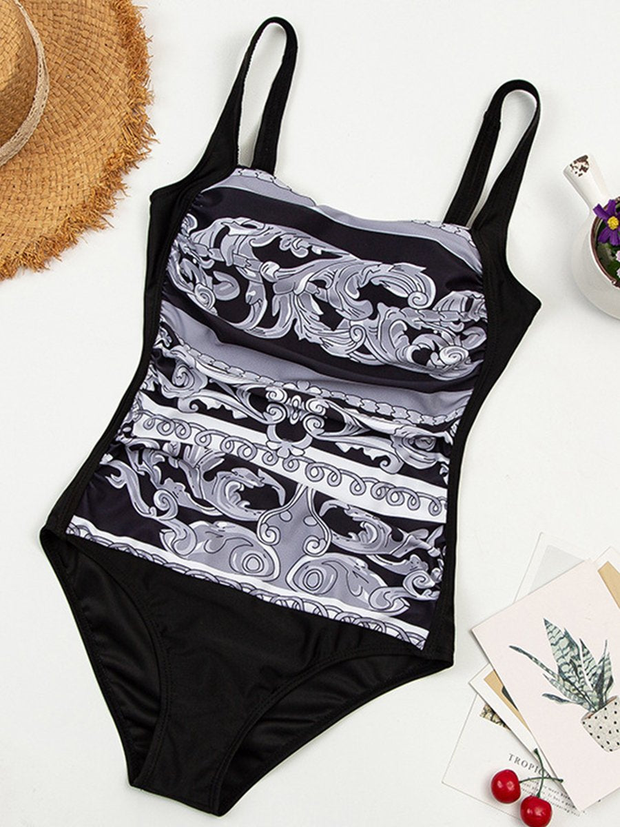 Casual Print Retro High Waist One-Piece Swimwear