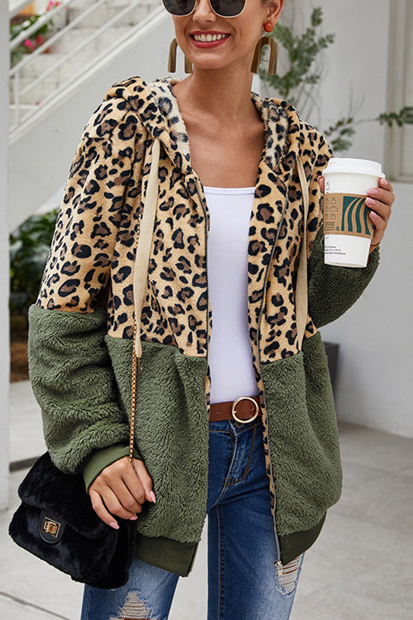 Leopard Patchwork Hooded Plush Coat