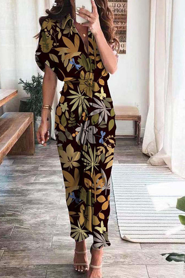 Short Sleeve Elegant Commuter High Waist Printed Long Dress