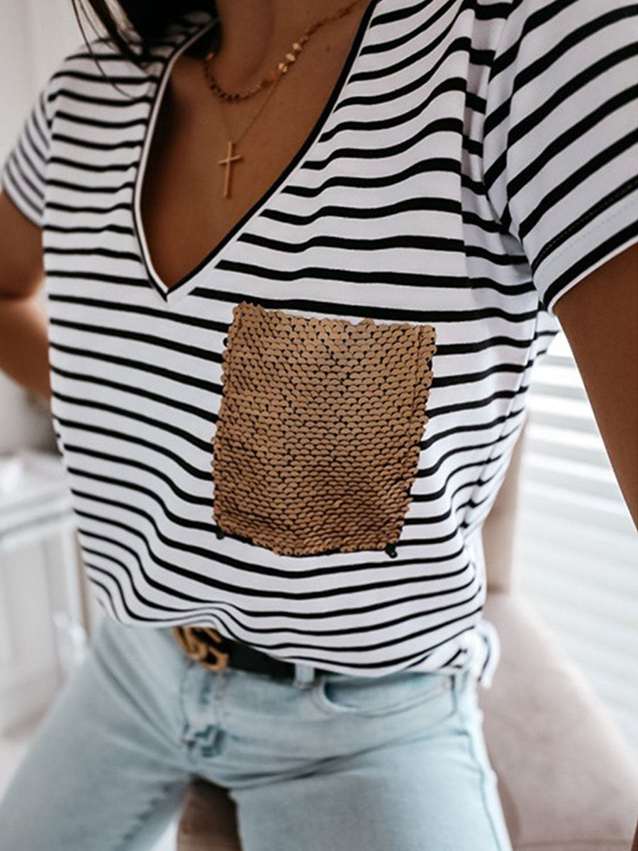Striped Sequin Pocket V-neck Short-sleeved T-shirt