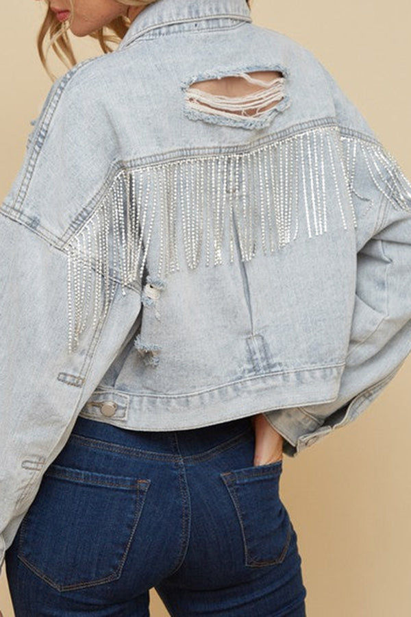 Ripped Rhinestone Fringed Denim Jacket