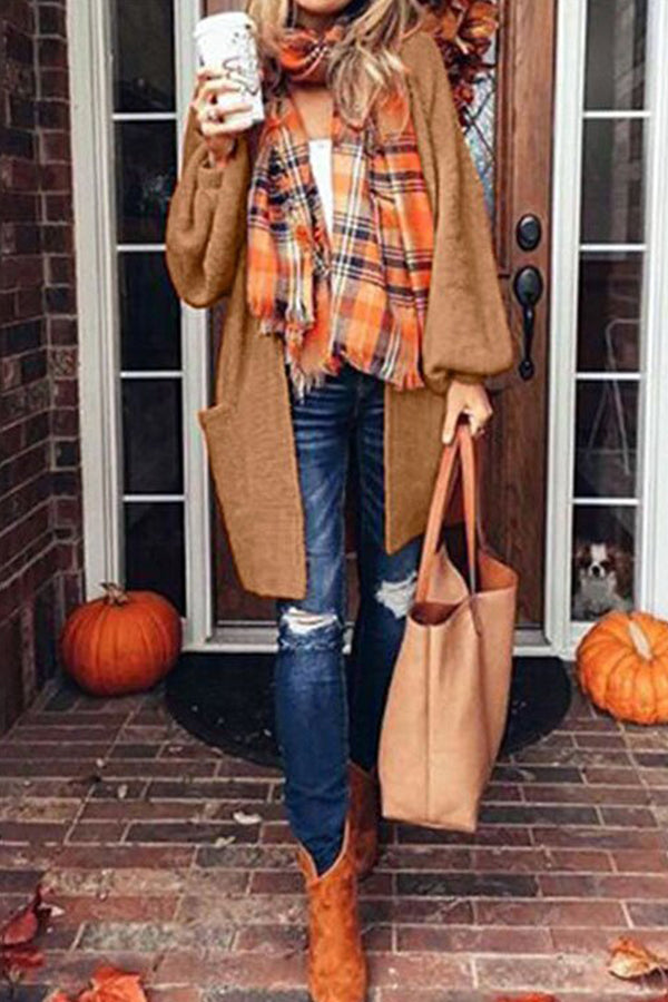 Loose Lantern Sleeve Orange Knitted Coat
