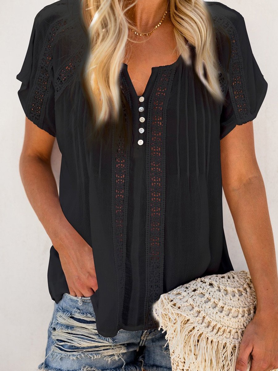 V-neck Short Sleeve Lace Hollow-out Blouse