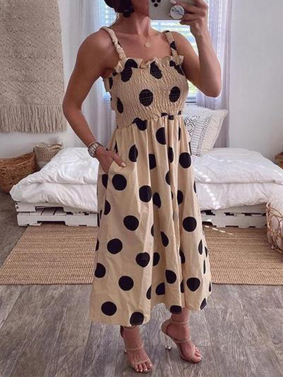 Straps Polka Dot Smocked Calf-length Dress