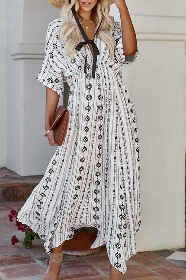New Women's Dress Bohemian V-neck Short Sleeved Long Skirt