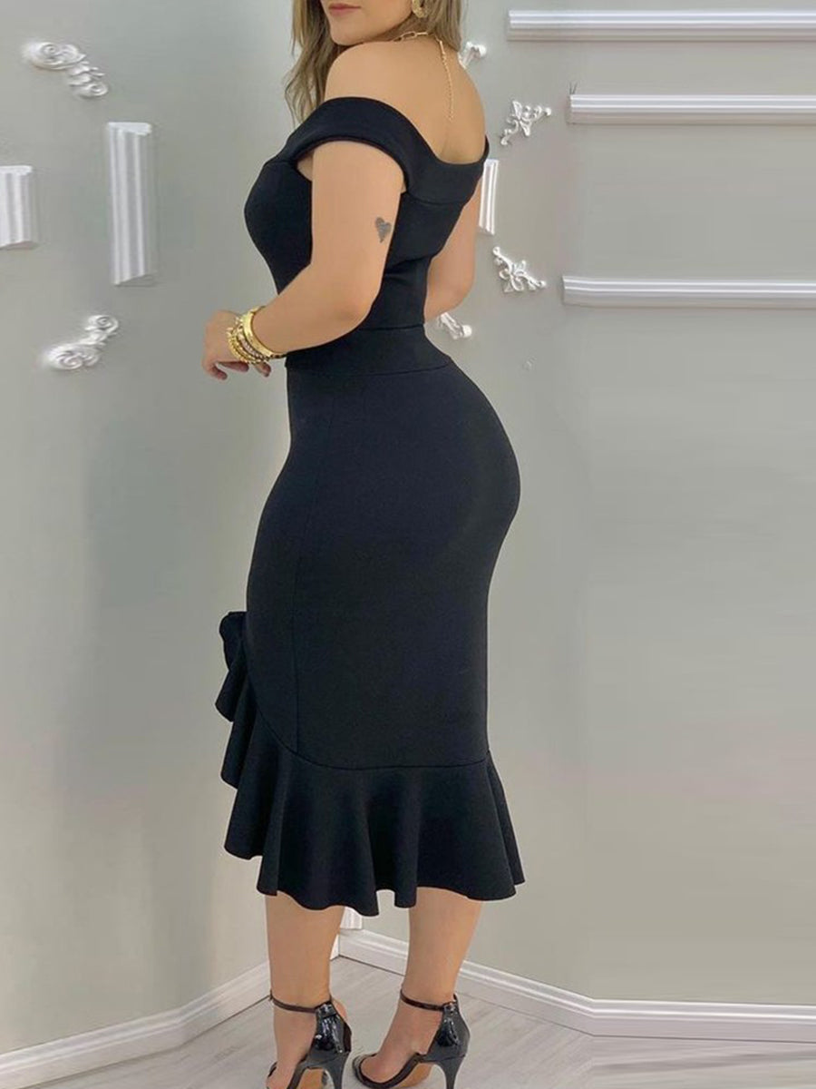 Plain Off Shoulder Ruffle Hem Slit Dress