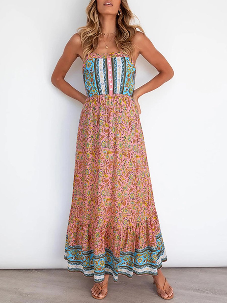 Straps U-neck Floral Print Maxi Dress