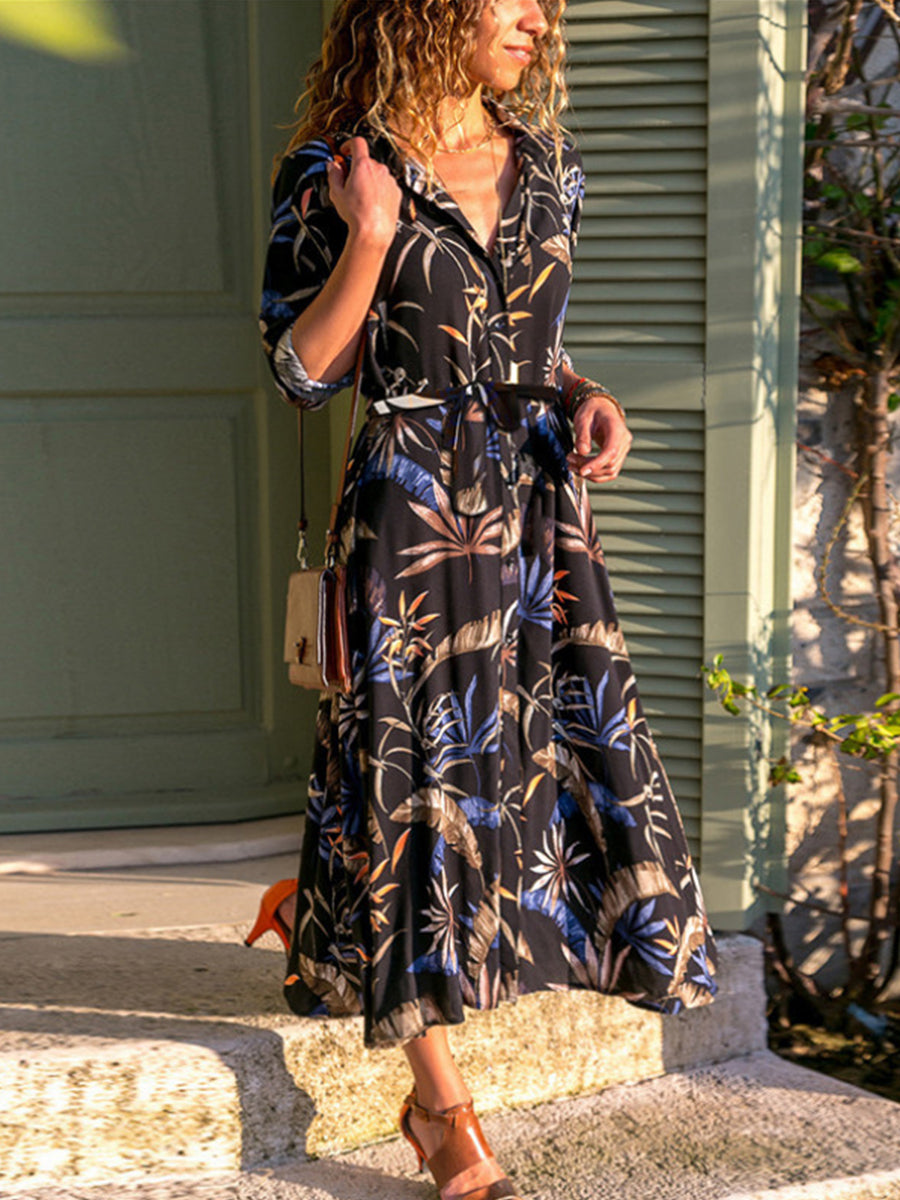 Elegant Floral Buckle With Belt Shirt Collar A Line Dresses