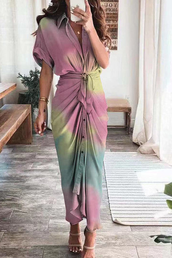 Print Satin Pleated Classy Bandage Shirt Dress
