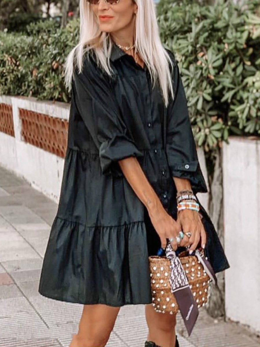 Solid Long Sleeve Shirt Neck Babydoll Mini Dress