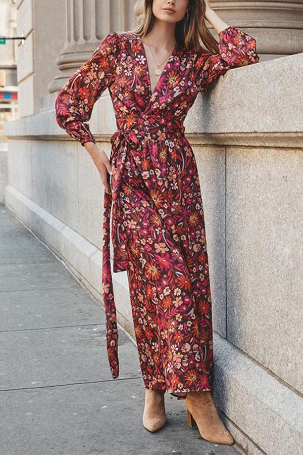 Wrap V Neck Printed Long Kimono Dress