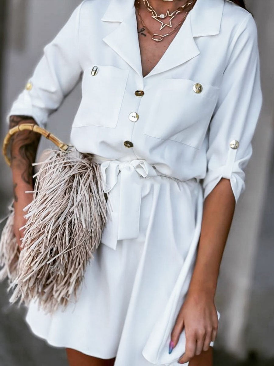 Solid Lapel Neck Bidded Shift Mini Dress