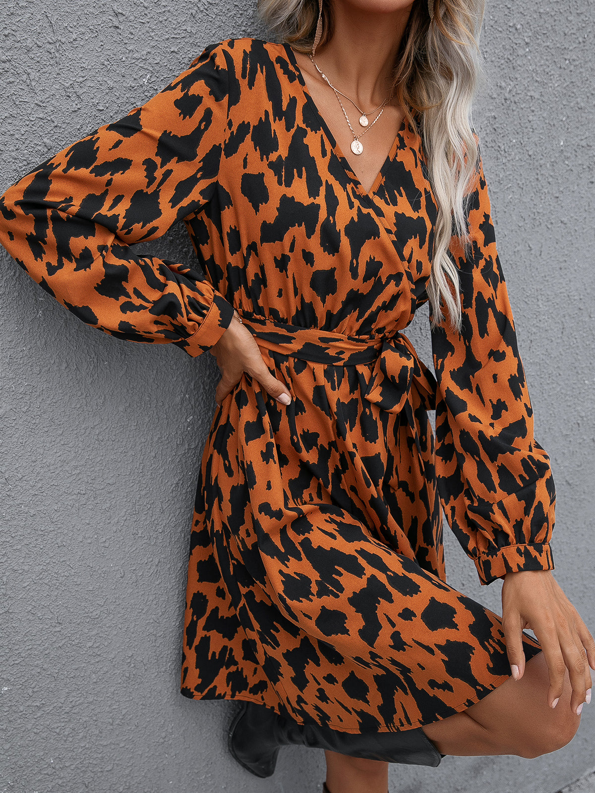 Leopard Print Lace-Up Crossover V-Neck Long Sleeve Dress