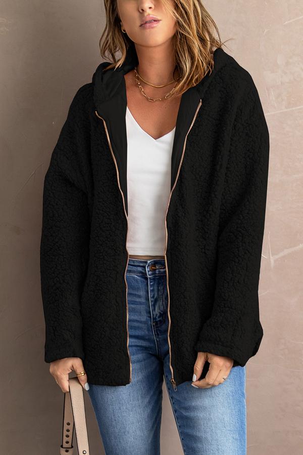Zip Up Sherpa Hooded Coat with Pocket