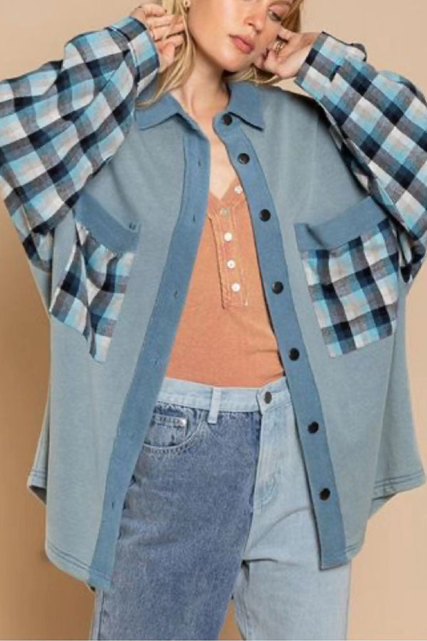 Street Cardigan Loose Check Colorblock Blouse Jacket