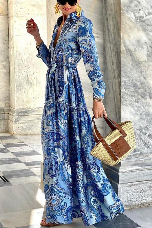 Retro Print Long Sleeve Shirt Dress