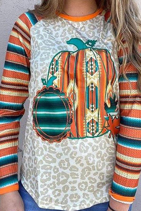 Leopard Print Waffle Pumpkin Contrast Sweatshirt